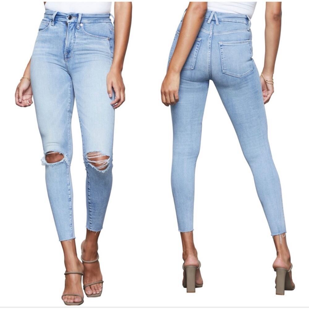 Good American Good Waist Distressed Skinny Crop Jeans Size 4/27 Light Wash